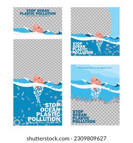 la ilustración detiene la contaminación de plástico oceánico, protege la naturaleza y el medio ambiente. peces llenos de residuos plásticos. plantilla vectorial para tarjeta, afiche, banner, volante.