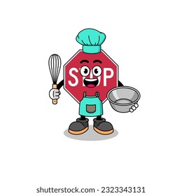 Illustration of stop road sign as a bakery chef , character design