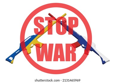 Illustration von Stopp-Krieg zwischen ukraine und russisch. Das Symbol für die Nationalflaggen der Ukraine und Russlands ist eine Waffe. Gewehr-Silhouette. einen Aufruf oder einen Aufruf zur Beendigung des Krieges