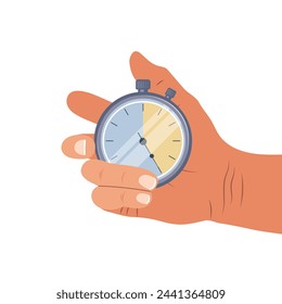 Illustration of a stopwatch in a hand. Flat illustration of sport, stopwatch icon. Vector