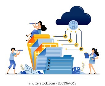 Ilustración del almacenamiento y acceso de informes de documentos corporativos al servicio de Internet en la nube. El diseño de vectores se puede usar para sitios web, web, afiches, pancartas, volantes, aplicaciones móviles, medios sociales