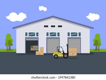 Illustration of a storage area with a warehouse building and a forklift. The flat illustration, design is suitable for graphic design resources