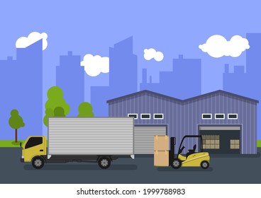 Illustration of a storage area with a warehouse building and a forklift. The flat illustration, design is suitable for graphic design resources