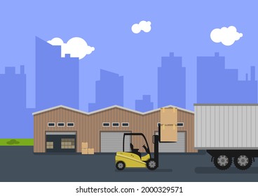 Illustration of a storage area with a warehouse building and a forklift. The flat illustration, design is suitable for graphic design resources