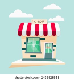 Ilustración de una tienda en beige con un dosel rojo y blanco. Vector de construcción EPS10.