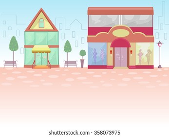 Ilustración de los frentes de la tienda con el contorno de un paisaje urbano por su fondo