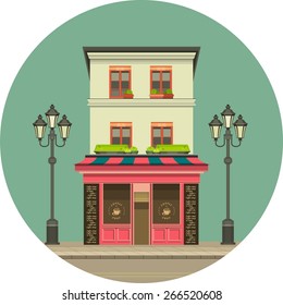 illustration storefront on the ground floor of a multistory building shop cafe in round shape