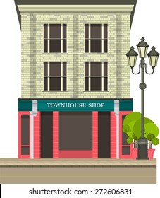 Illustration storefront on the ground floor of a multistory building shop cafe on white background