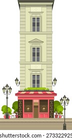 Illustration storefront on the ground floor of a multistory building shop cafe on white background