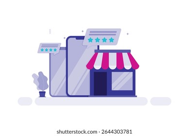 Ilustração de uma vitrine com um toldo listrado vermelho e branco anexado a um smartphone, simbolizando negócios digitais ou compras on-line.
