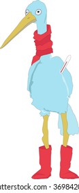Illustration of a  stork affected by cold wearing red scarf and with a thermometer