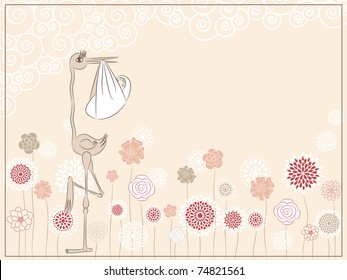 Illustration of stork with baby and place for message we are having a baby