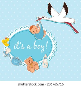 Illustration of stork bringing a boy. Vector