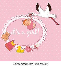 Illustration of stork bringing a girl. Vector