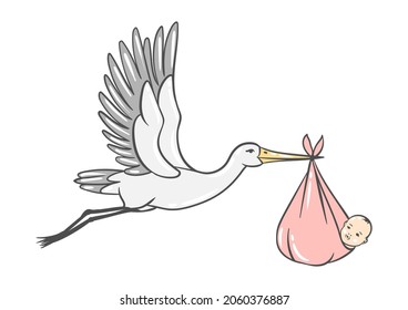 Illustration of stork carries newborn baby girl. Happy Birthday image. Holiday baby shower simbol.