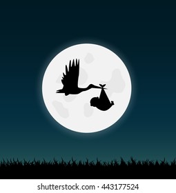 Illustration of a stork carrying a baby against a night sky background.