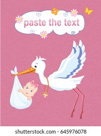 Illustration of the stork carrying a child in a diaper girl