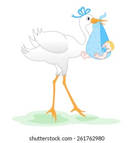 Illustration of a stork delivering a bundled newborn baby boy isolated on white