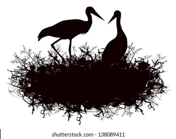 Illustration of Stork Nest Silhouette Over White Background