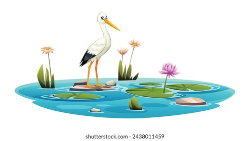 illustration of a stork in a pond. Vector cartoon isolated on white background