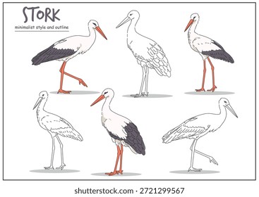 Illustration of a stork represented in multiple poses with clear outlines, highlighting its distinctive features and elegant stance. Animal design concept