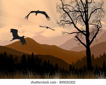 illustration with storks flying in brown mountains