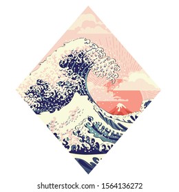 Illustration of stormy ocean with big waves, modern retro art design.