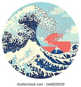 Illustration of stormy ocean with big waves, modern retro art design.