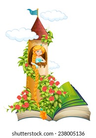 Illustration of a story book of a princess in a tower