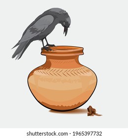 Illustration of the story of the thirsty crow. Storybook Illustration Featuring the Classic Fable of The Crow And The Pitcher.