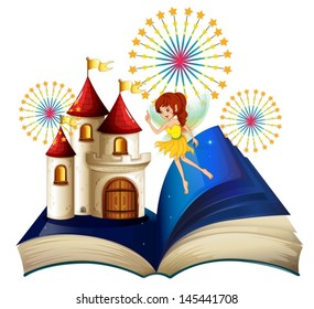 Illustration of a storybook with a flying fairy near the castle with fireworks on a white background 