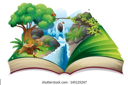 Illustration of a storybook with an image of the gift of nature on a white background