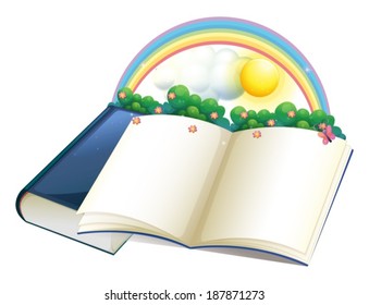 Illustration of a storybook with a rainbow and plants on a white background