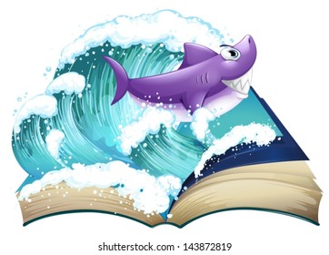 Illustration of a storybook with a shark and a big wave on a white background