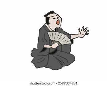 An illustration of a storyteller from the Edo period, working while telling a story, holding a folding fan and presenting his story in public