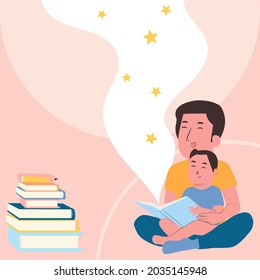 Illustration des Geschichtenerzählkonzepts.
Grußkarte für den Internationalen Alphabetisierungstag
über den Vater, der seinem Sohn beibringt, zu lesen
indem sie der Fantasie einen Hoffnungsstern geben