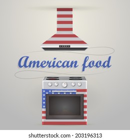 Illustration of stove and extractor. Gray stove with four burners and american oven. Isolated illustrations. American food