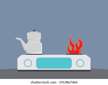 An illustration of a stove with a kettle on it, and also a flame