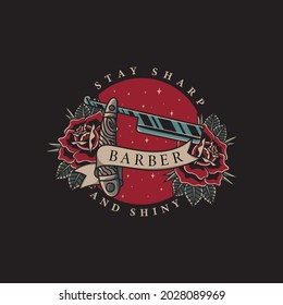 Illustration of straight razor barber shop and roses with traditional tattoo style