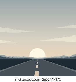 Illustration of a straight road with a background of mountains and the sun and some clouds above it