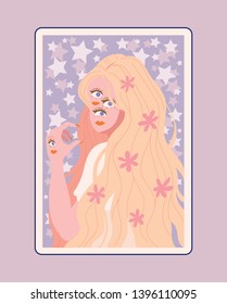 Illustration of a strange blonde hair girl with a tarot card concept. flat design style minimal vector illustration