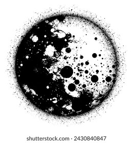 An illustration of a strange planet made of monochrome blots and noisy texture. A black and white circle.