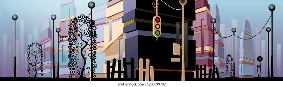 Illustration of strange stylized city with tall buildings, curly trees, lanterns, fences and a street light. Urban landscape with funky buildings  for animation or game background.