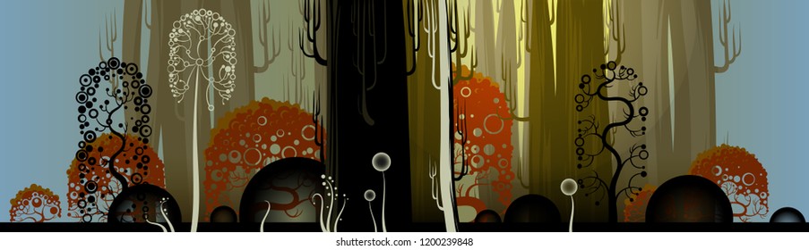 Illustration of strange stylized forest with different trees, curly bushes and funky grasses. Horizontal image of woods for animation or game background. Landscape with funky trees.