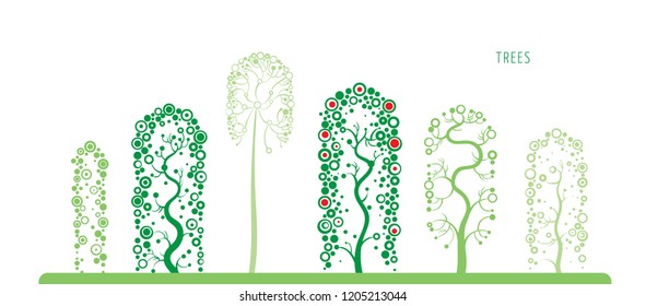 Illustration of strange stylized green park with different curly trees. Landscape image of a grove, park or forest for animation or game background. Set of geometrical trees.