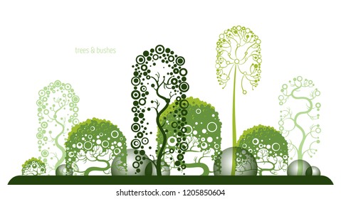 Illustration of strange stylized green park with different curly trees and two sorts of funky bushes. Landscape image of a grove for animation or game background. Set of geometrical trees and bushes.