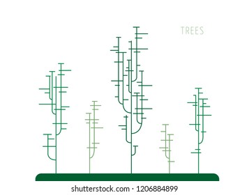 Illustration of strange stylized green park with different trees amde out of straight lines. Landscape image of a grove, park or forest for animation or game background. Set of geometrical trees.