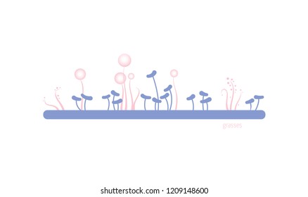 Illustration of strange stylized pink and purple field with different grasses. Landscape image of a garden or grassland for animation or game background. Set of geometrical plants.