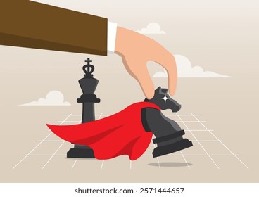 An illustration of a strategic businessman holding a superpower knight chess piece to move to the winning turn. Victory move in business competition, success tactic or smart move concept