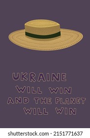 illustration of straw hat near ukraine will win and the planet will win lettering on purple